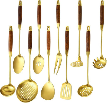 18/10 Stainless Steel Kitchen Utensils Set with Wood Handle Metal Cooking Utensils Set 10 Piece - Spatula, Spoon, Ladle, Skimmer, Slotted Turners, Pasta,Turner, Ladl, Fork