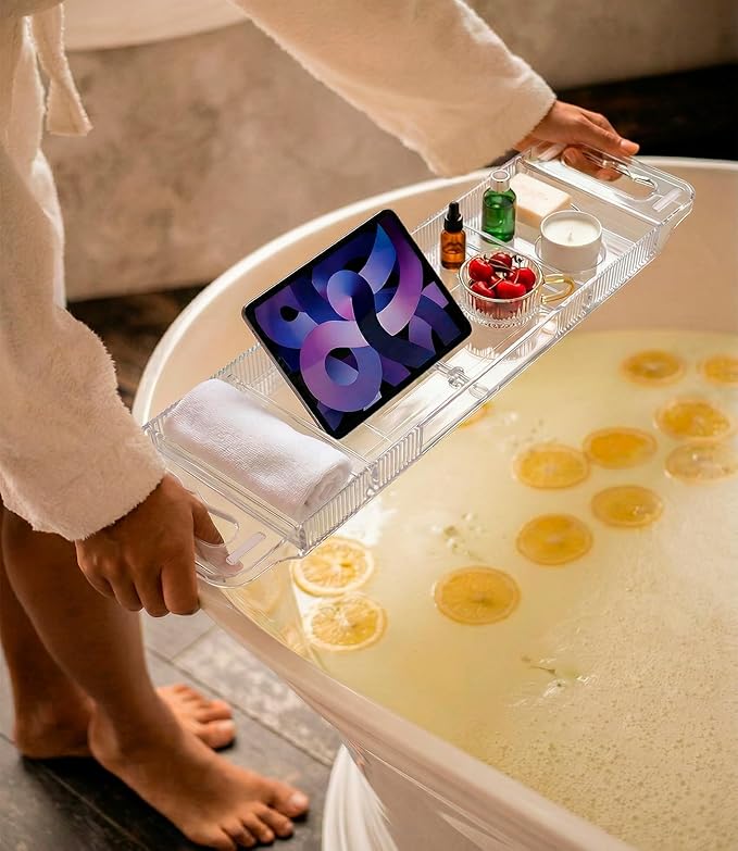 Bathtub Caddy Tray,Adjustable Bathtub Tray Table, Bath Organizer for Relaxing Spa-Features 2 Cup Holders, A Phone Stand with 5 Angle Adjustments,Non-Slip Silicone Pads,Won't Get Moldy,Easy to Clean.