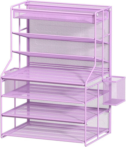 7 Tier Desk File Organizer,Metal Document Holder with Adjustable Shelves, Pull-Out Drawer & Removable Pen Holder for Office Organization,Purple