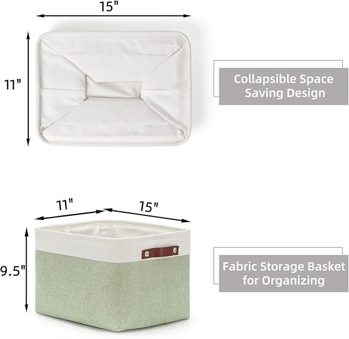 HNZIGE Storage Basket for Organizing Clothes(3 Pack) Decorative Storage Bins for Shelves Toys, Fabric Canvas Bins Storage Organizer with Handles(Gray&Green,15" X 11" X 9.5")