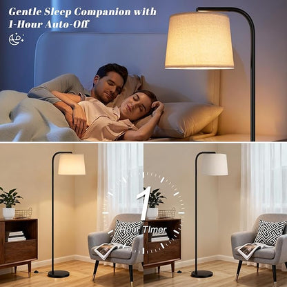 Ambimall Remote-Controlled Floor Lamp - Color Temperature Adjustable and Fully Dimmable, Standing Lamp for Living Room with Rotating Head, Tall Lamp for Bedroom, 9W Bulb Included (Black and Beige)