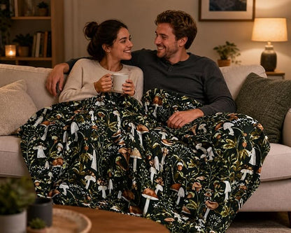 Serafina Home Mushroom Fleece Throw Blanket: Floral Forest Black Brown Beige and White, 50" x 70"