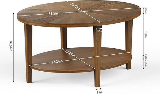 Solid Wood Oval Coffee Table for Living Room, 2 Tier Farmhouse Coffee Table with Storage Shelf, Double Layer Center Table for Living Room, Easy Assembly