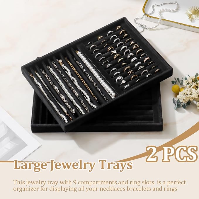 Large Velvet Jewelry Tray 2 Pack Stackable Jewelry Display Drawer Inserts Trays Organizer for Earring Bracelet Necklace Ring (Black, Ring and 9 Grids)