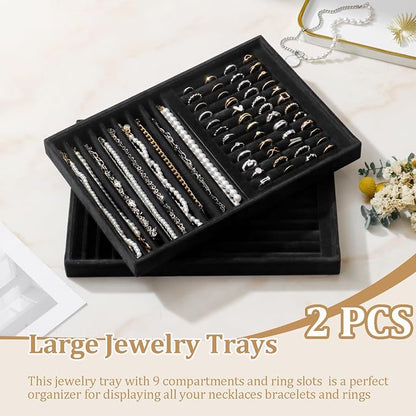 Large Velvet Jewelry Tray 2 Pack Stackable Jewelry Display Drawer Inserts Trays Organizer for Earring Bracelet Necklace Ring (Black, Ring and 9 Grids)