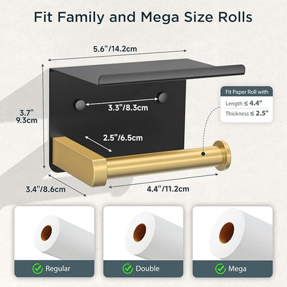 FORIOUS Toilet Paper Holder with Shelf, Adhesive or Screw Wall Mount Toilet Paper Roll Holder for Bathroom, Rustproof 304 Tissue Dispenser with Phone Shelf (1, Matte Black & Brushed Gold)