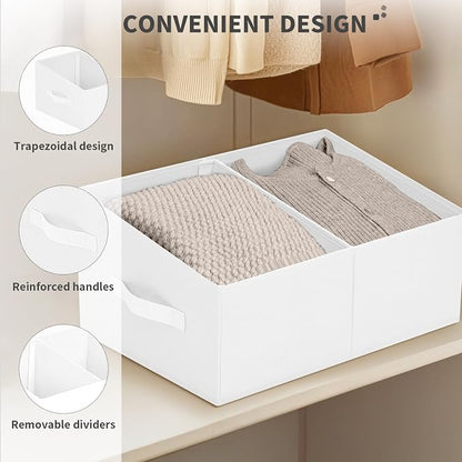 DIMJ Large Closet Shelf Organizer Bins 6 Packs with Handles and Divider, Fabric Trapezoid Storage Baskets, Foldable Clothes Containers Box for Shelf, Towel, Book, Toy, Purse, Hats, ,White