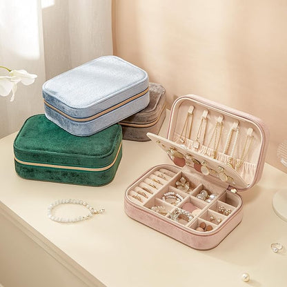 CASEGRACE Plush Velvet Travel Jewelry Box, Portable Jewelry Case for Women Girls, Double Layer Jewelry Organizer Display Box for Necklace Earring Rings Bracelet, Travel Accessory Gifts, Pink