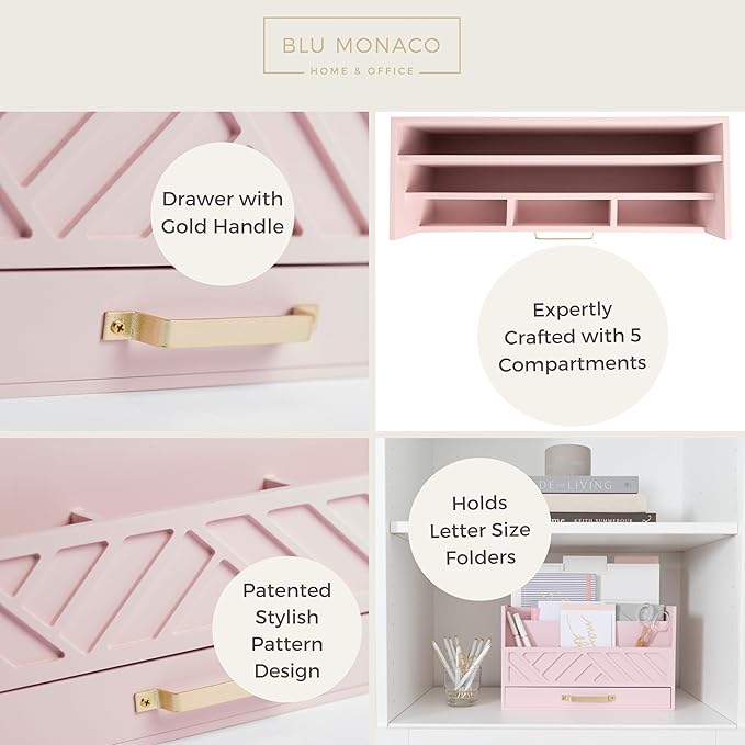BLU MONACO | Pink Desk Organizers Wooden Mail Organizer with Drawer | Mail Sorter Organizer Countertop Gold Handle | Desk Organizers and Accessories Pink Office Storage