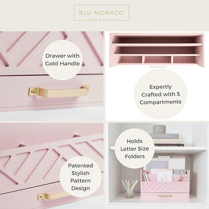 BLU MONACO | Pink Desk Organizers Wooden Mail Organizer with Drawer | Mail Sorter Organizer Countertop Gold Handle | Desk Organizers and Accessories Pink Office Storage