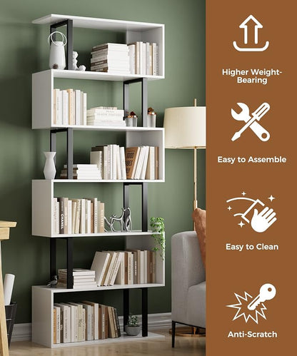 Gadroad 6 Tier Geometric Bookcase,S Shaped Bookshelf, Wood Decorative Storage Shelving, Modern Freestanding Display Shelves, Tall Book Shelf Unit for Living Room Bedroom, White