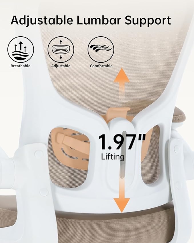 Ergonomic Office Chair,PU Leather Swivel Desk Chair with Lumbar Support,Adjustable Height Executive Task Chair with Flip-Up Armrests,Comfy Coumputer Chair for Home Office(Khaki)