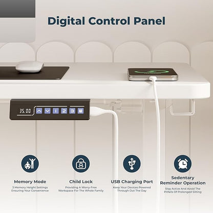 Adjustable Stand Up Desk with Memory Preset, 55 x 24 Inch Standing Desks Electric Desk for Home Office with Splice Board (White)