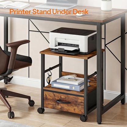 HOOBRO 2-Tier Printer Stand, Under Desk Printer Table with Drawer, Printer Cart with Storage, with Casters/Adjustable Feet, for Home Office, Study, Living Room, Rustic Brown and Black, BF20PS01