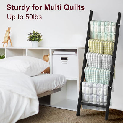 HONEST OUTFITTERS Blanket Ladders for The Living Room, 6-Tier Blanket Holder, Wall-Leaning Blanket Rack, Ladder Shelves, Wooden Quilt Ladder, Farmhouse Decor, Black