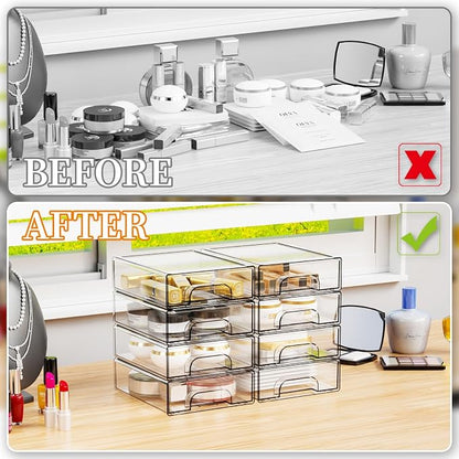 Yieach 2.2'' High Small Clear Stackable Storage Drawers,4 Pack Desk Organization and Storage Bins,Plastic Office Supply Organizer,Acrylic Drawer Storage Organizer for Makeup,Accessory,Pen,Art Crafts
