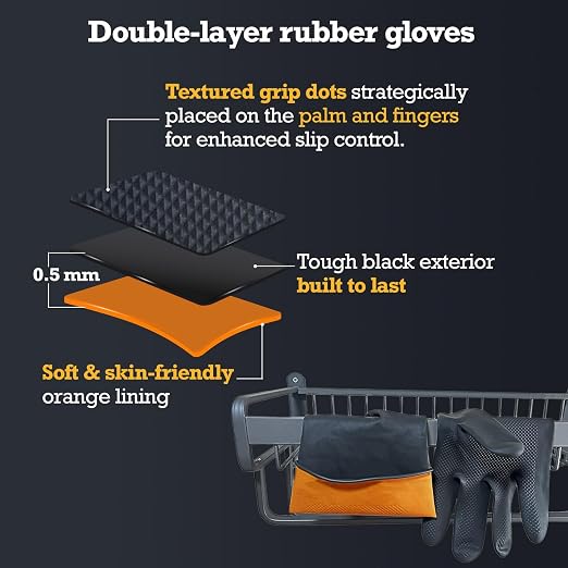 Heavy-Duty Thick Black Rubber Cleaning Gloves, 1 Pair, XL | Reusable & waterproof black/orange dual layers. Non-slip design for dishwashing, kitchen cleaning, and auto care.
