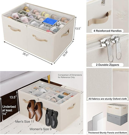 TOPIA HOME Shoe Organizer for Closet, Foldable Shoe Box with Adjustable Dividers and Clear Cover, Space Saving Shoe Storage Organizer Cabinet with Reinforced Handles, Fits 20 Pairs, Beige TP10Y