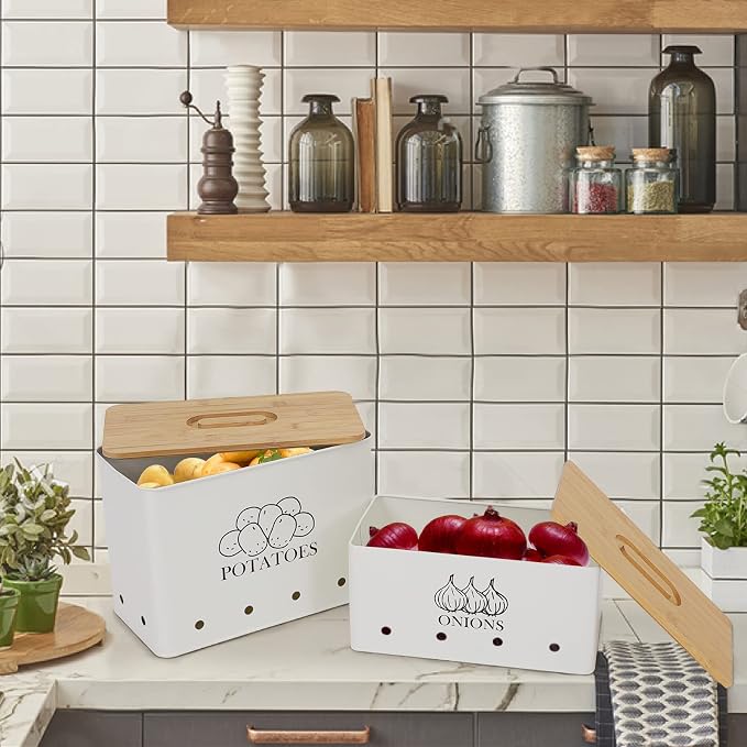 Potato and Onion Storage Bin Set of 2, Vented Metal Vegetable Storage with Wooden Lids, Farmhouse Kitchen Canisters for Countertop Pantry Organizer, Potato Bin Onion Holder for Produce Storage, White