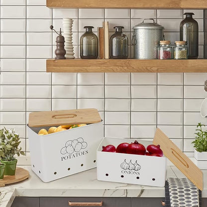 Potato and Onion Storage Bin Set of 2, Vented Metal Vegetable Storage with Wooden Lids, Farmhouse Kitchen Canisters for Countertop Pantry Organizer, Potato Bin Onion Holder for Produce Storage, White