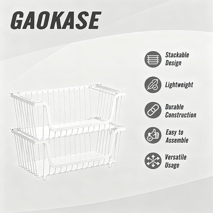 GAOKASE 4 Pcs Stackable Wire Baskets for Pantry Organizers and Storage,Vegetable Fruit Basket for Countertop,Kitchen Storage Metal Baskets,Produce Potato Onion Storage Bin,White