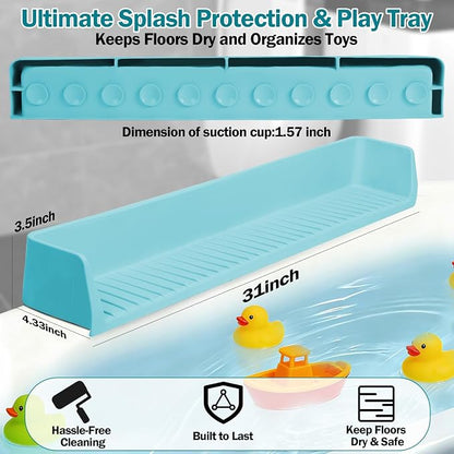 Bathtub Splash Guard for Tub Kids- 31" Extra Long Silicone Bath Play Shelf, Toy Tray & Caddy Holder, Prevent Water Spills & Messy Floors, Tub Edge Guard for Bathroom- Blue