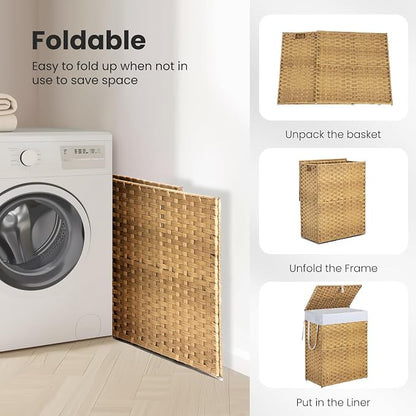 DUMOS Woven Laundry Basket with Lid, 90L Large Capacity Hamper, Removable & Machine-Washable Liner, Foldable Rattan Clothes Hamper, Sturdy Steel Frame, Odor Control, Goose Yellow