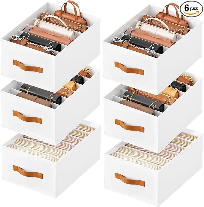 Homsorout Purse Organizer for Closet, Fabric Handbag Storage Organizer with Handles, Foldable Bag Organizer Drawer for Flat Handbags, Clothes, Towels or Pants, Closet Storage Organizer, White, 6 Pack