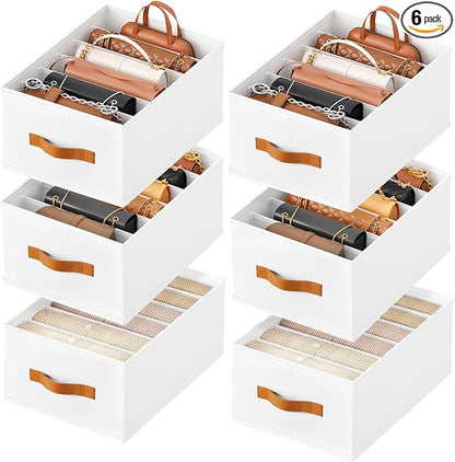 Homsorout Purse Organizer for Closet, Fabric Handbag Storage Organizer with Handles, Foldable Bag Organizer Drawer for Flat Handbags, Clothes, Towels or Pants, Closet Storage Organizer, White, 6 Pack