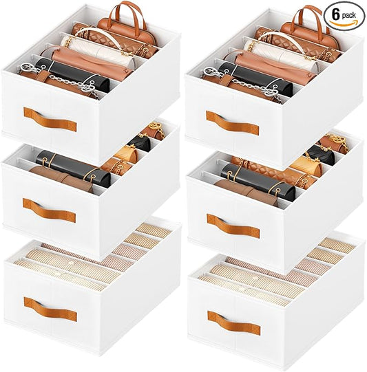 Homsorout Purse Organizer for Closet, Fabric Handbag Storage Organizer with Handles, Foldable Bag Organizer Drawer for Flat Handbags, Clothes, Towels or Pants, Closet Storage Organizer, White, 6 Pack
