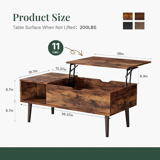 Wood Lift Top Coffee Table with Hidden Storage Compartment & Open Shelf, Multi-Functional Wooden Tabletop Dining Table for Living Room, Home Small Space