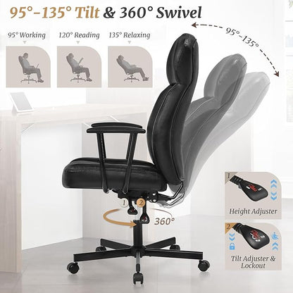 High Back Office Desk Chair, Breathable Ergonomic Leather Chair with 5-Layer Seat Cushion with 135°Reclining Lumbar Support Adjustable Height Rolling Swivel Executive Armrests Chair, Black