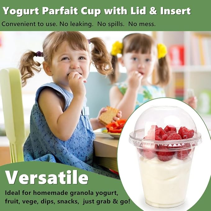 Zezzxu 50 Pack 12 oz Disposable Parfait Cups with Dome Lids No Hole, Toppings Compartment and Spork, Yogurt Conatiner with Granola Holder for Take Away Breakfast and Snacks, No Leaking