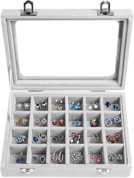 Velvet Jewelry Box 24 Grid Jewelry Earrings Display Organiser Box Ring Tray Holder Earrings Storage Case for Girls Women Wife Mom (Gray)