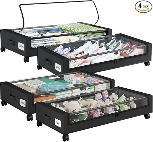 Somdot Under Bed Storage with Wheels, 4 Pack Bed Storage Containers with Dividers & Clear Lids, Easy Pull-out Metal Drawer for Clothes, Shoes,Toys, Blankets (Black)