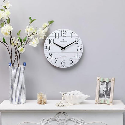 NIKKY HOME Farmhouse White Wall Clock - 12 Inch Quartz Battery Operated Vintage Wooden Decorative Silent Analog Clock for Kitchen, Living Room, Bedroom, Office
