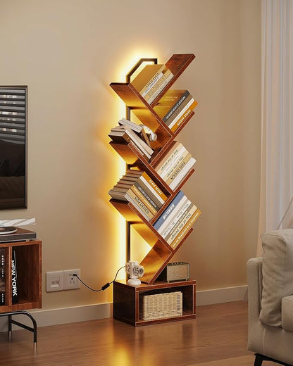 Casaottima Tree Bookshelf with LED Lights, 6-Tier Narrow Bookcase for Small Spaces, Tall Steel & Wood Storage Shelf with Cabinet, Home Decor & Organizer for Living Room/Bedroom/Home Office, Vintage