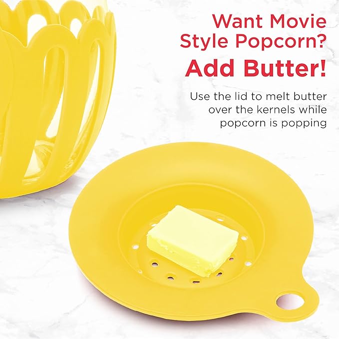 Ecolution Patented Micro-Pop Microwave Popcorn Popper with Temperature Safe Glass, 3-in-1 Lid Measures Kernels and Melts Butter, Made Without BPA, Dishwasher Safe, 1.5-Quart, Yellow