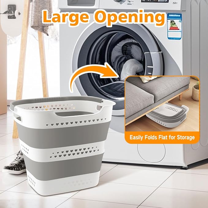 3 Pcs 42L Medium Collapsible Plastic Laundry Basket with Handles, Foldable Laundry Basket Hamper, Pop Up Storage Container Organizer for Washing Storage (Gery, 17 Inch * 13 Inch * 15 Inch)