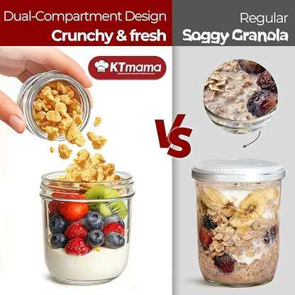 Glass Yogurt Parfait Cups with Lids, 8oz+4oz Reusable Overnight Oats Containers (4 Pack), Dual-Layer Leak-Proof Meal Prep Jars, 4 Colors Set for Snacks, Office Lunch — Blue, Gray, Green, Pink