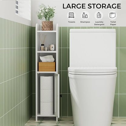 Homhedy Small Bathroom Storage Corner Floor Cabinet with Door and Shelves, Beside The Toilet Paper Stand for Skinny, Narrow Toilet Paper Cabinet, 7.9" D x 7.1" W x 31" H, White