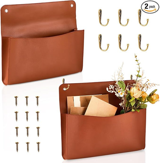 Marspark 2 Set PU Leather Mail Holder Wall Mount 12.2x10.24 Inch Leather Letter Holder 2 Ring Binder Hanging Wall File Organizer Mail Sorter for Decor Storage Letter Postcard Flower Home Office(Brown)