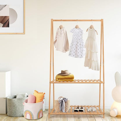 Small Clothes Rack Kids Dress Up Storage for Playroom, Toddlers Bedroom, Bamboo Child Garment Rack with 2 Tier Storage Shelf, Kids Clothing Rack Costumes Organizer