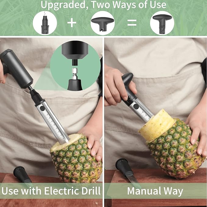 Newness Pineapple Corer with Knife, [Upgraded, Electric & Manual] Stainless Steel Fruit Cutter with Electric Drill Accessory, Pineapple Slicer Core Remover Kitchen Tool with Measure Mark