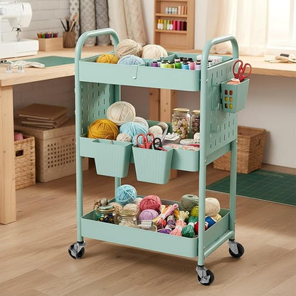 danpinera Rolling Cart, Movable Utility Organizer with Retractable Dividers & Pegboards for Kitchen, Bathroom, Office