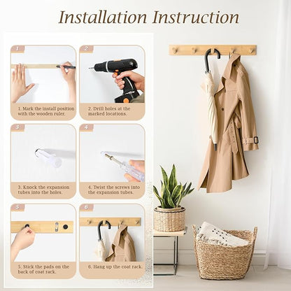 Coat Rack Wall Mount, Wooden Coat Hanger with 5 Hooks, Heavy Duty, Natural, 2 Pcs