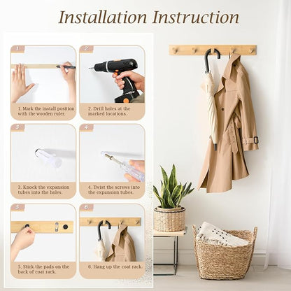 Coat Rack Wall Mount, Wooden Coat Hanger with 5 Hooks, Heavy Duty, Natural, 1 Pcs