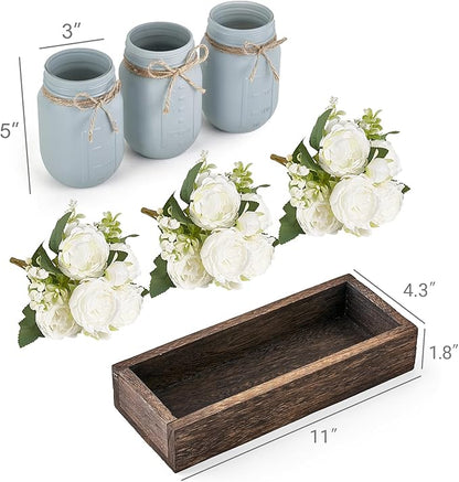 Mkono Mason Jar Table Centerpiece Decorative Wood Tray with 3 Painted Jars Artificial Flowers Rustic Country Farmhouse Decoration for Coffee Table Dining Room Living Room Kitchen (Peony)