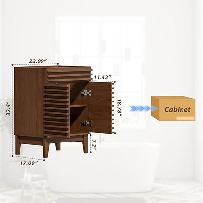 APRILSOUL 24" Bathroom Vanity, Mid-Century Bathroom Vanity Cabinet with 2 Soft Closing Doors, Freestanding Bathroom Cabinet, Particleboard Frame with Wood Grain Laminate, Walnut (Sink Not Included)