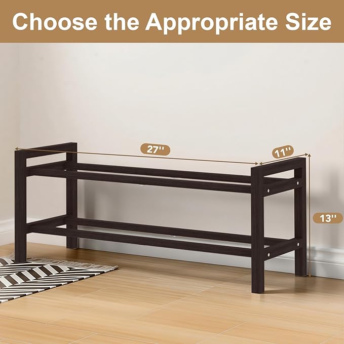 Haddockway Bamboo Shoe Rack for Closet, Free Standing Shoe Organizer with Smooth Round Rods & Convenient Handles, Stackable Shoe Storage Shelf for Entryway, Hallway(Brown, 2-Tier)